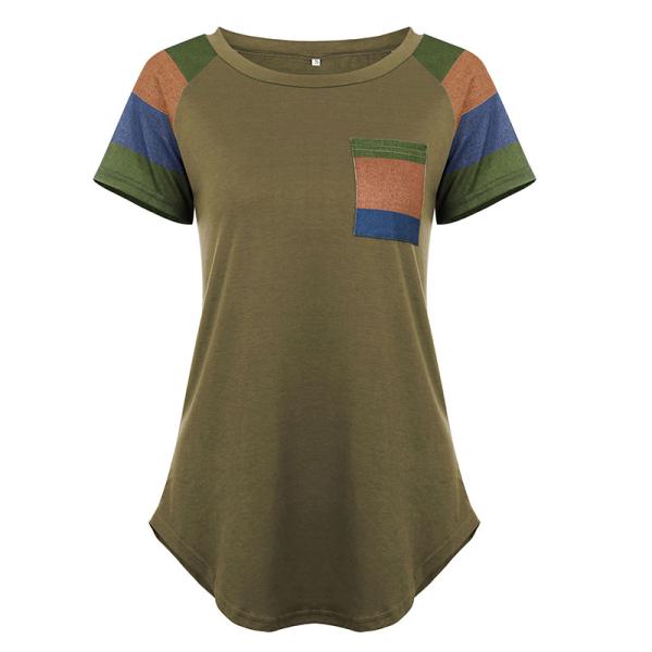 Roupas personalizadas de colarinho O-Neck Manga curta Mulheres Blusas de bolso de algodão básicas impressas