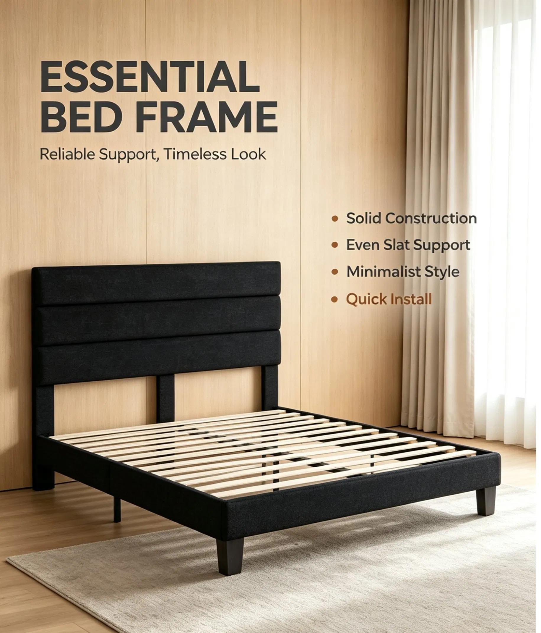 Minimalist Black Fabric Upholstered Bed with Layered Headboard