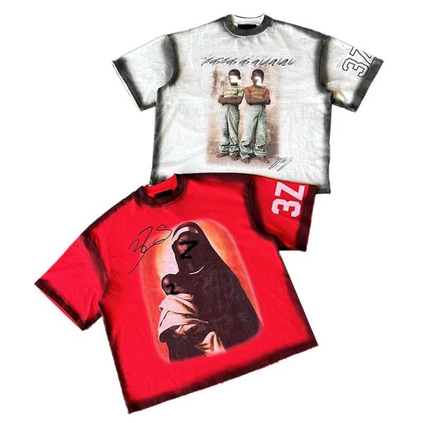 Fabricante de prendas de vestir mayorista ropa callejera personalizada de peso pesado lavado con ácido algodón caja de época camiseta cortada de gran tamaño para hombres