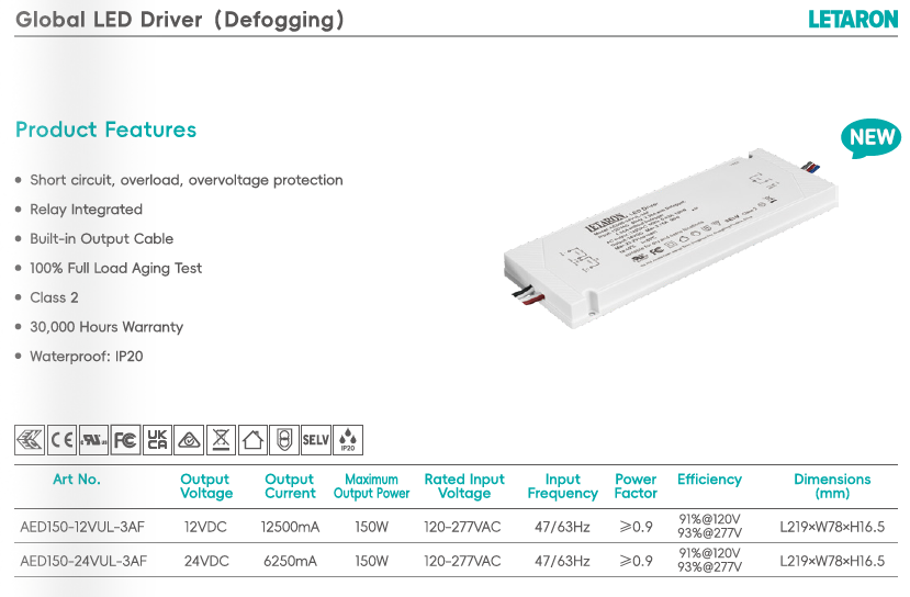 Letaron 150W 120-277VAC UL Global LED Driver with Defogger Control for Bathroom Light