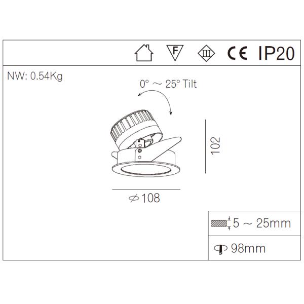 Silver Finish 10 W LED Recessed Downlight kitchen Dia 108*102mm