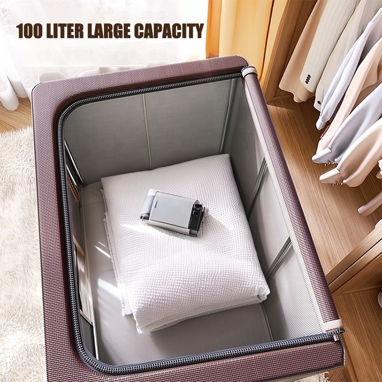 Wholesale Custom Large Capacity Foldable Bedding Storage Box Stackable Steel Frame Fabric Storage Box