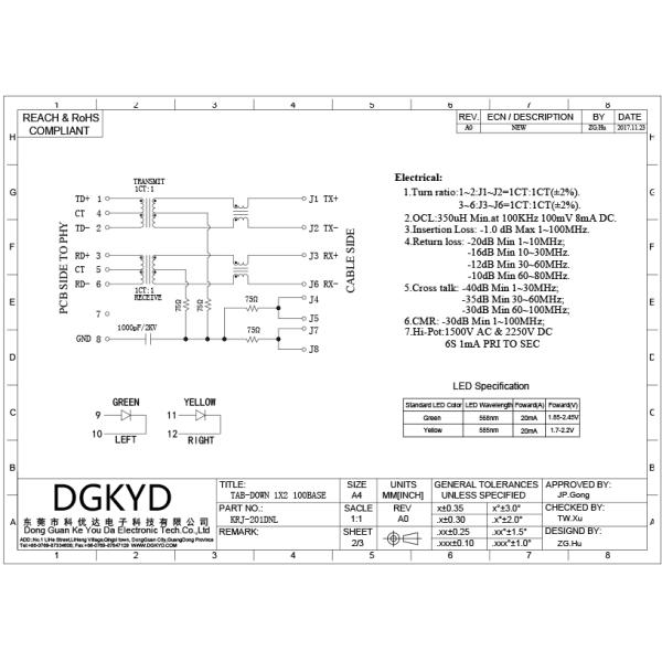 PCMCIA Net Card 2 Port RJ45 With Magnetics Transformer Tab Down KRJ-201DNL