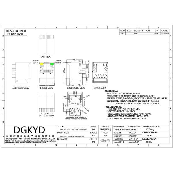 30U 180 grado RJ45 Jack modular 10P8C con el conector de la muesca