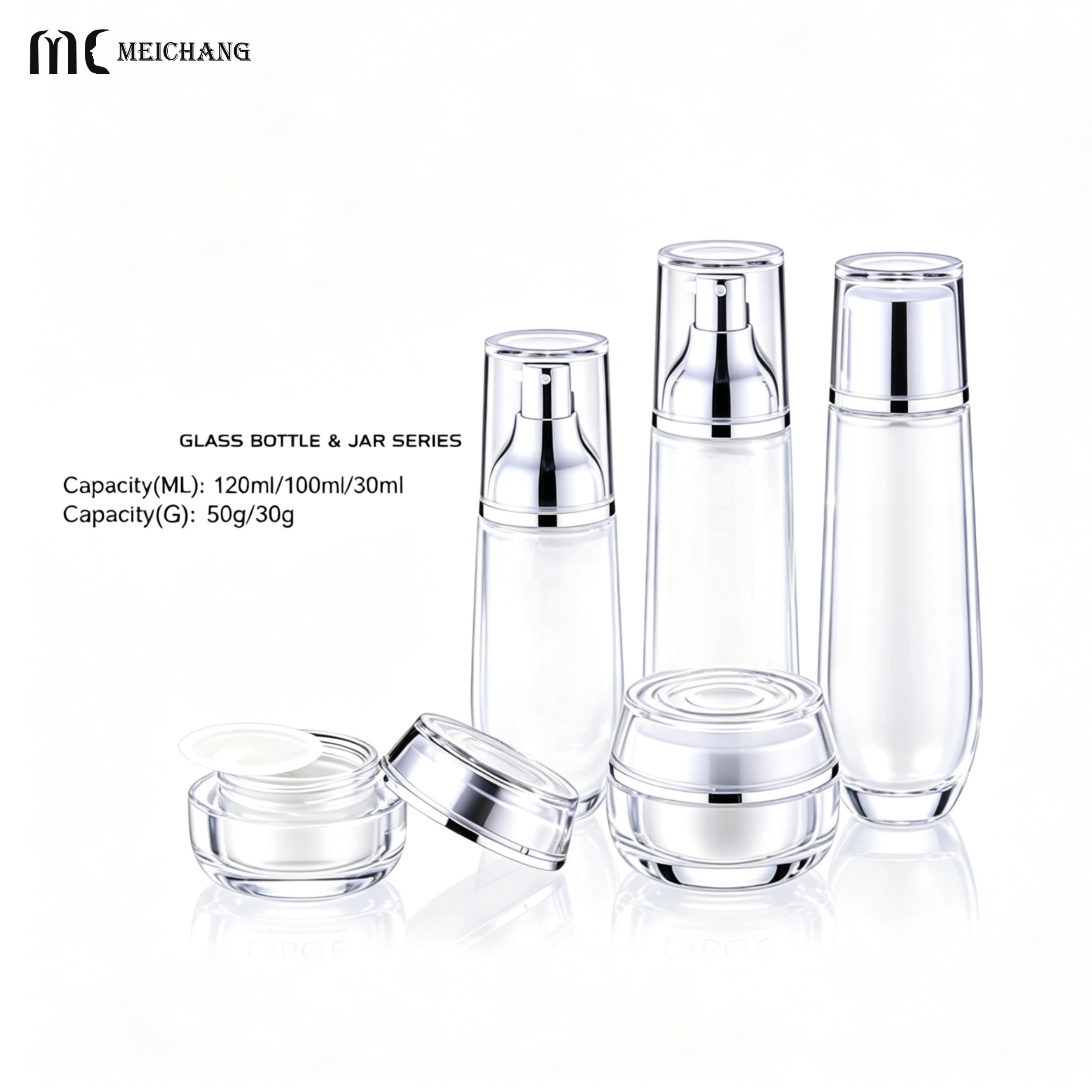 30g/50g/30ml/100ml/120ml Curved Teardrop Oval Glass Skincare Packaging Set with Silver Plated Pump Caps(MC-332)