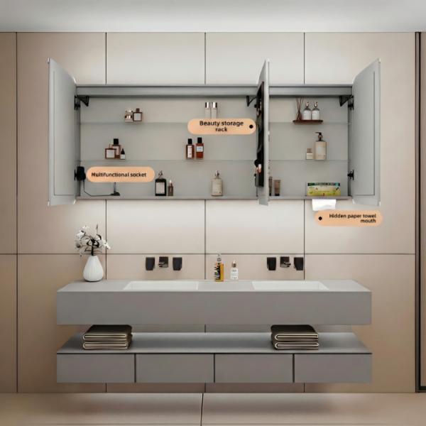 Kingstin LED Mirror Cabinet,Mirror with Defogger & Memory Function, Built-in Socket/USB for Hair Dryer, Digital Display