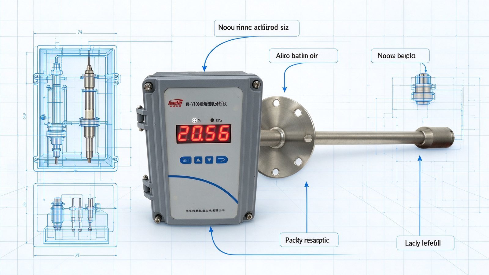 Zirconia Flue Gas Oxygen Analyzer Detector High Precision 1%F.S Fast Response O2 0.4-1.5m