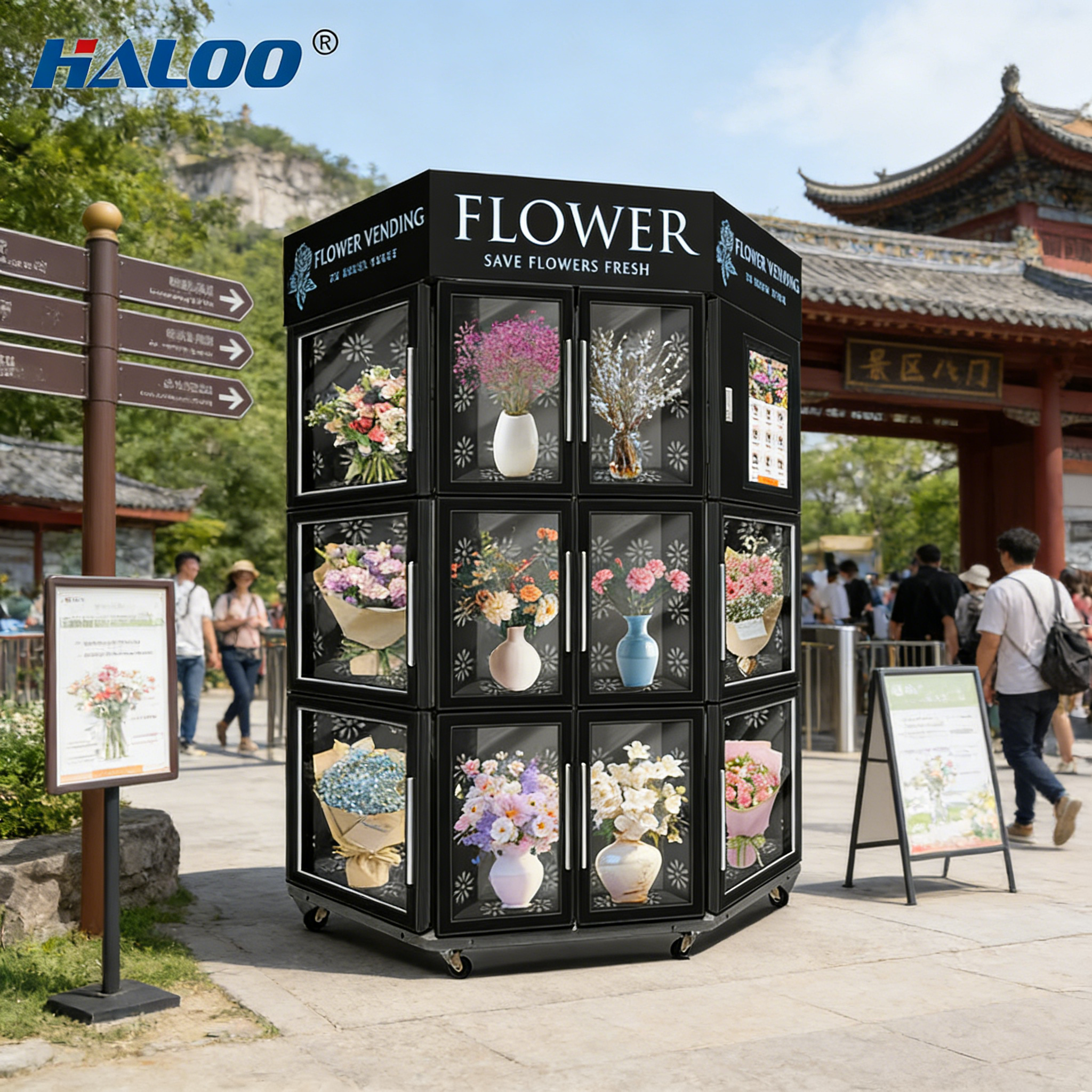 Haloo flower vending machine with SDK function, stainless steel body with cooling and humidification system