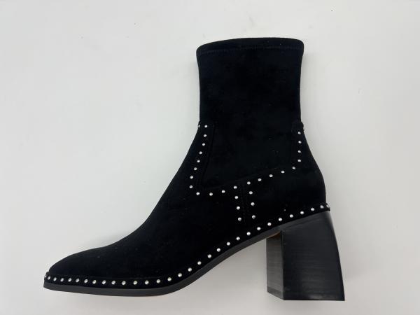 soft suede leather and stretch lycra fabric black Womens Dress ankle Boots with metal zipper design，square abs heel