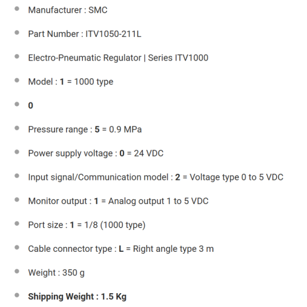 ITV1050-112 ITV1050-113 ITV1050-211CL REGULATOR SMC Corporation Solenoid Valves ELECTRO-PNEUMATIC, 200L/MIN, 24VDC, 0-5V IN/1-5V OUT, RC1/8