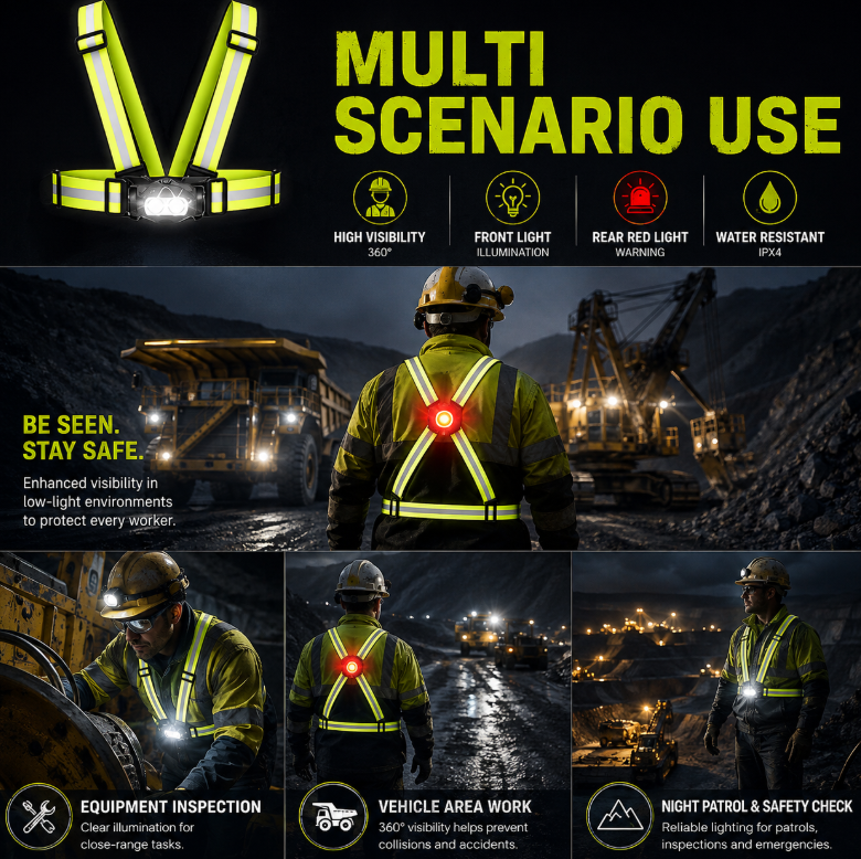 IPX4 Waterproof Chest-Mount Work Light with Dual-Light Source and Reflective Strap for Hands-Free Night Work