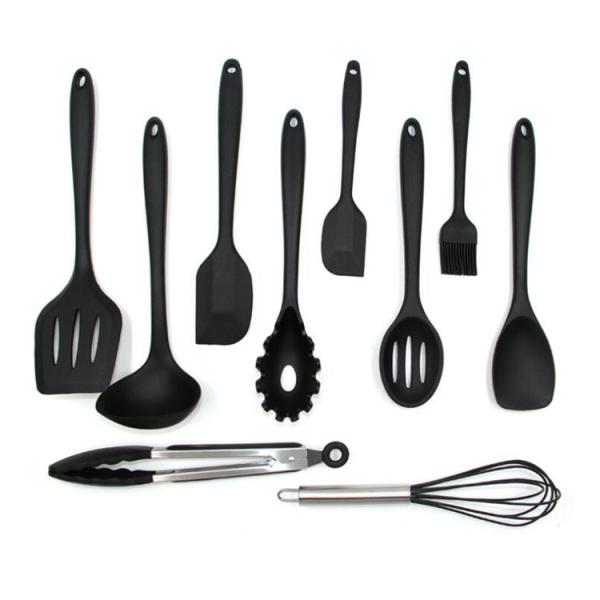 Rotating Stand Silicone Kitchen Utensils Set Durable Black Kitchen Gadgets