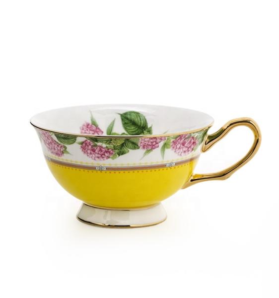 Pink Floral Design Porcelain Cups Decal Luxury Coffee Tea Cup And Saucer With Colorful Rim