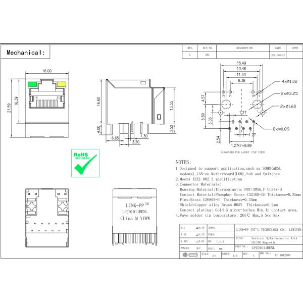 1-1840419-3 180 градусов RJ45 женский Jack для камер LPJD1011BENL IP