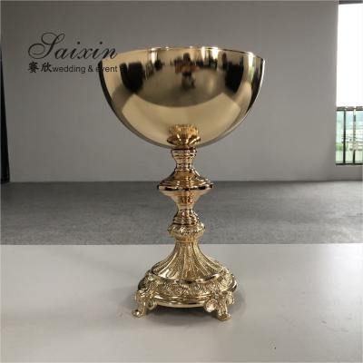 Floral Trophy Shape Gold Trumpet Vase Metal Flower Stand Pot Round Wedding Decoration