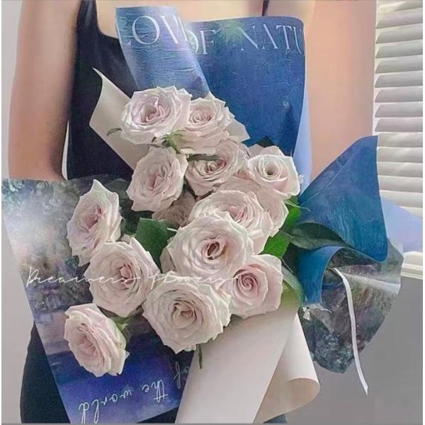 New Qixi Festival flower bouquet wrapping paper, a popular blue series of paper, Valentine's Day oil-painted style flower wrapping paper