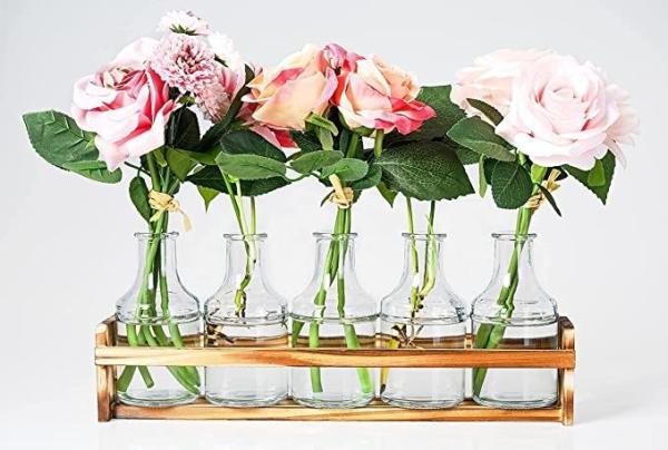 Glass Flower Vase with Wooden Holder Vases for Flowers