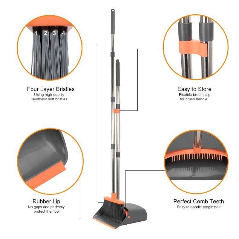 Long Handle Broom and Dustpan Set with Self-Cleaning Teeth