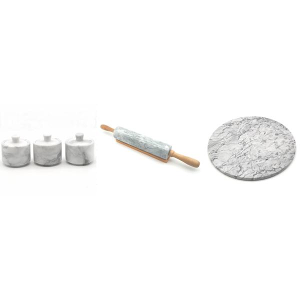 Grupo de pedra de mármore do almofariz e do pilão com o Masher baixo da especiaria do alho das ferramentas da cozinha