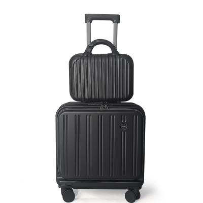 2-piece set ABS hard shell luggage 18-inch carry-on luggage  black color TSA lock spinner wheel suitcase ,USB -charging multi-functional front opening cup holder trolley case laptop bag