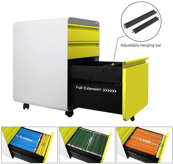 Round Edge 3 Drawer Metal Mobile File Cabinets With Lock