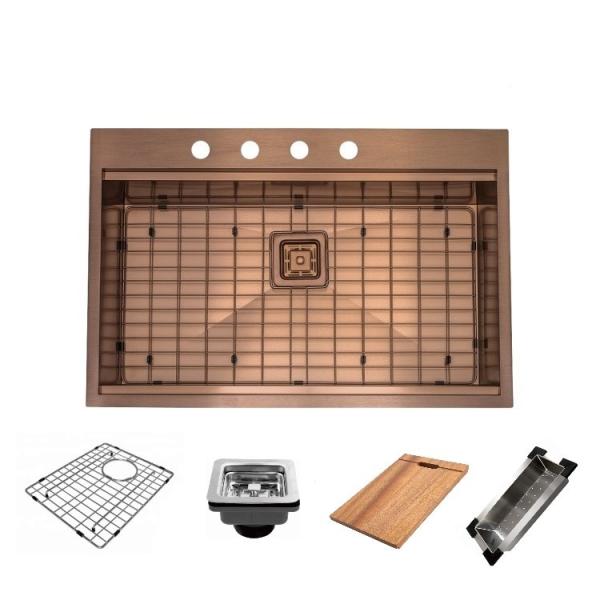 Copper Basin Single Drop In Kitchen Workstation Sink Square downspout Drainer