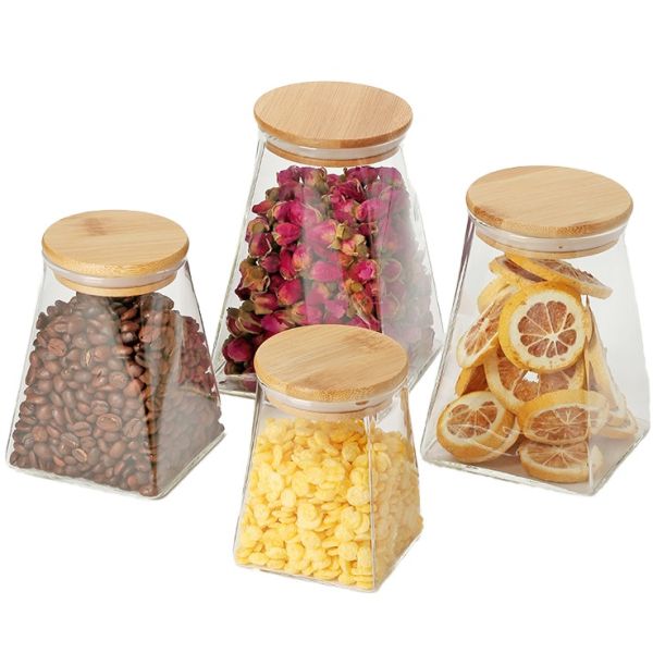 OEM Logo Kitchen Glass Storage Jar Bamboo Lid Storage Containers 350ml 500ml