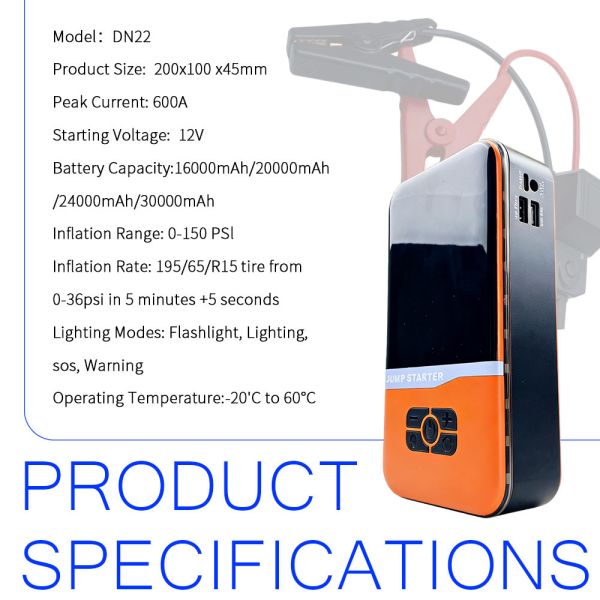 Compact 600A Peak Current Jump Starter with 150 PSI Air Compressor and 30000mAh Portable Power Bank
