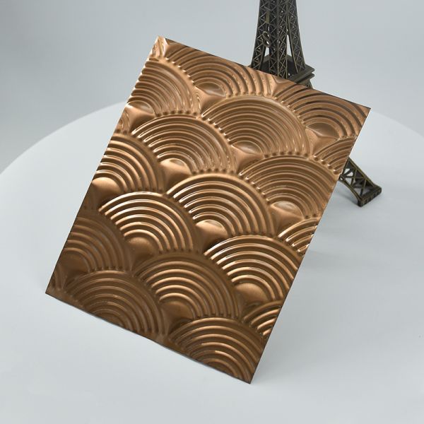 Lámina de acero inoxidable grabada con relieve, textura de vetas de madera para paneles de muebles y decoración