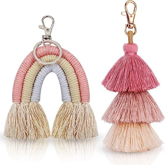 Rainbow Keychain Macrame Weaving Rainbow Tassel Keychains Car Keyring Holder Jewelry for Bag Wallet Purse Women