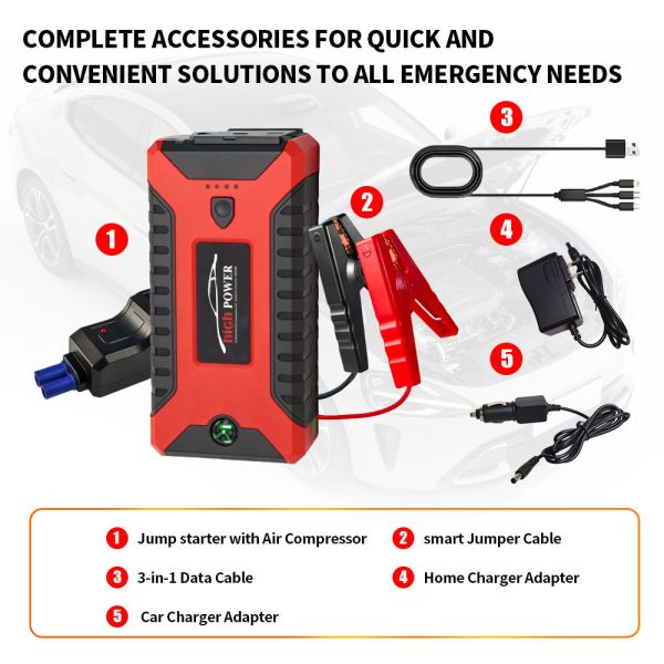 5400mAh Automobile 2 In 1 Jump Starter With Air Compressor 300A - 600A Portable Car Battery Charger Jump Starter SmartRechargeable Jump Starter + LED Light, Warning Light, SOS & MultifunctionEmergency