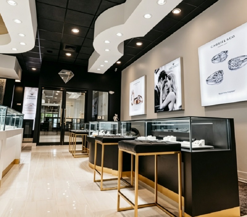 Black & Gold Jewelry Store Interior Design, Complete Turnkey Fixture Package with Linear Showcase Counters