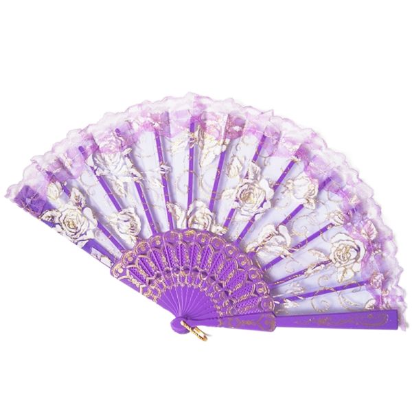 Spanish Translucent Lace Rose Fan Gilded Wing Chun Dance Fan European Style Fabric Silk Folding Hand Fan