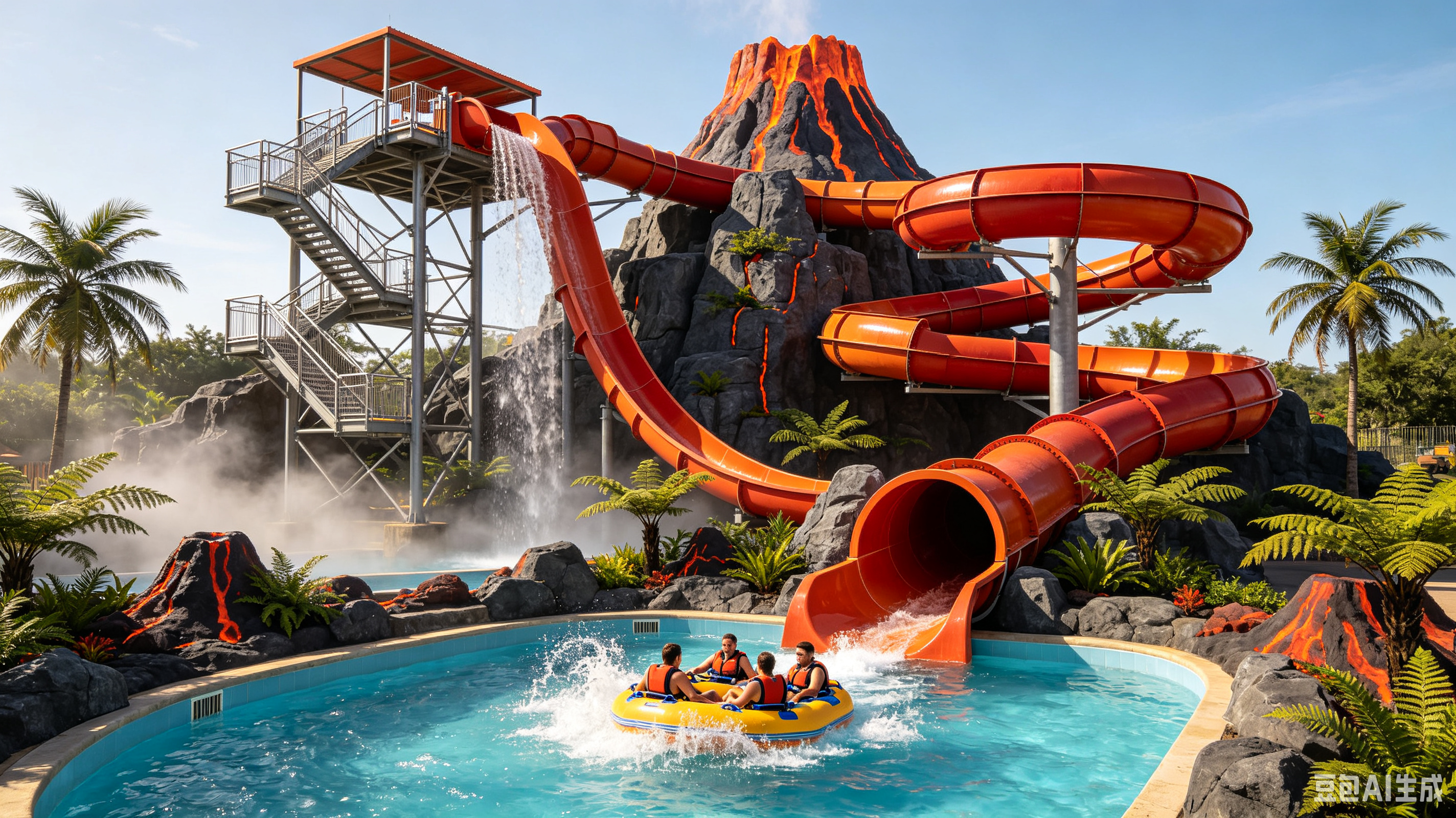 Hawaiian Volcano Themed Mat Racing Water Slide 7M Theme Park