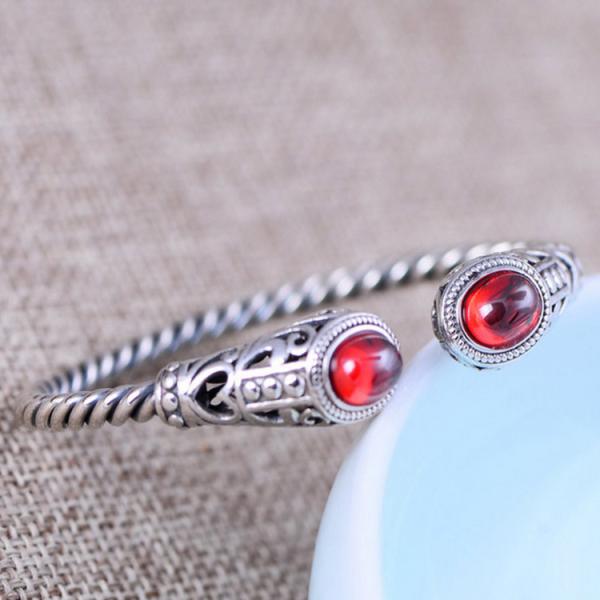 Sterling Silver Cable Bracelet with Garnet Open Adjustable Cuff Bracelet (XH049954W)
