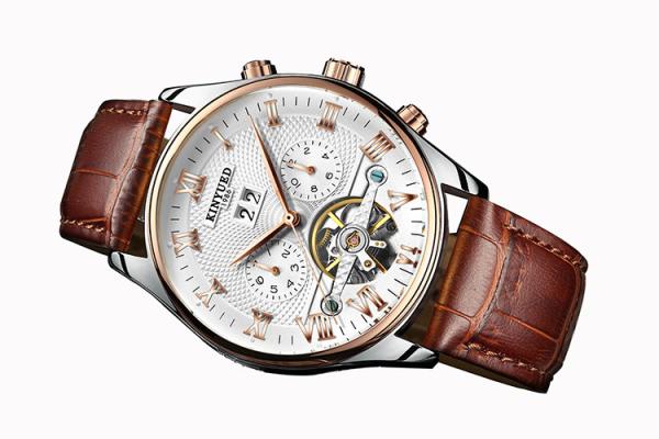 KINYUED Hot Sale Men Tourbillon Automatic Mechanical Watch Leather Strap Date Week Month