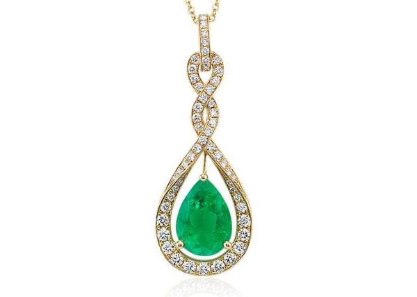 Pear Cut 14K Gold Necklaces With Natural Green Emerald Tiny Diamond 6×8MM size