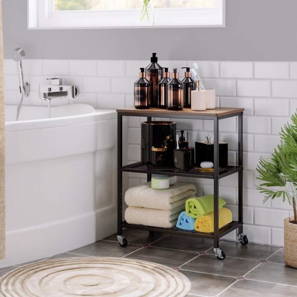 Wood And Stainless Steel Moveable Rolling Small Microwave Cart Trolley For Utility Storage