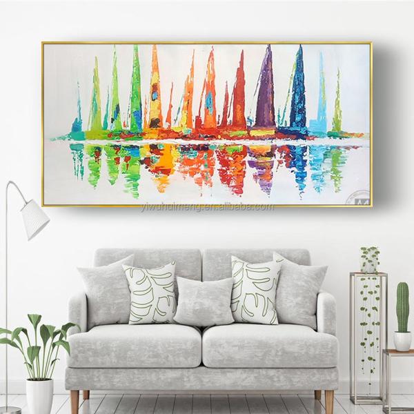 Taille personnalisée Acceptée Art murale moderne peint à la main de paysage marin pour salon Décoration de bureau avec voiliers Peinture à l'huile abstraite