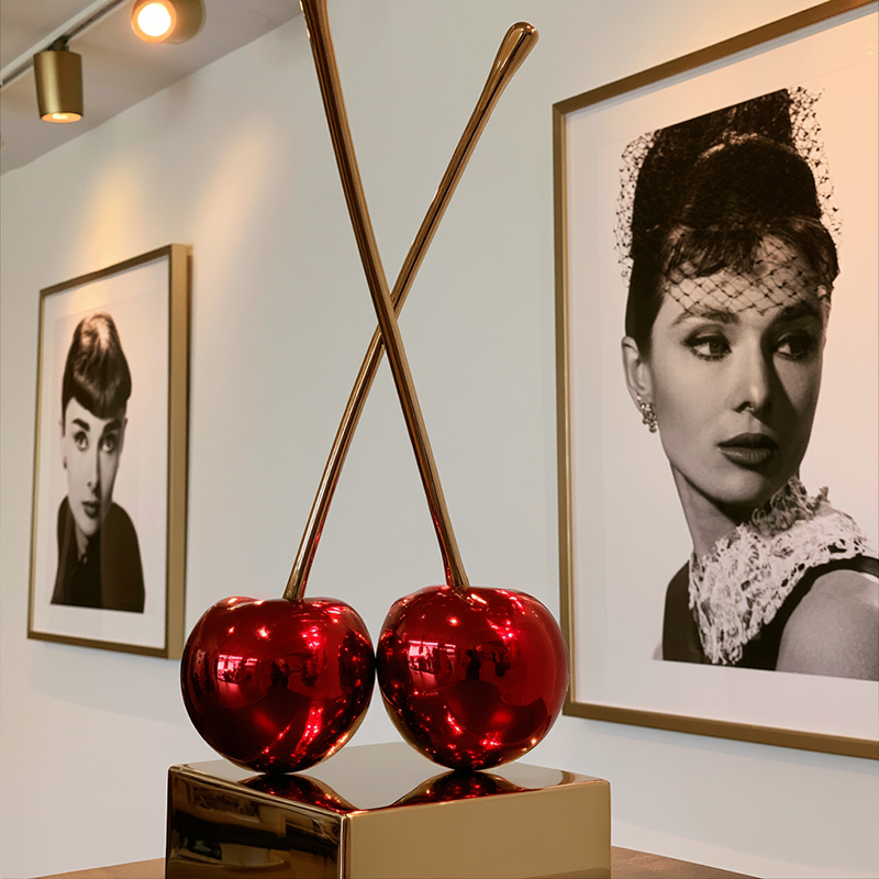 Modern Glossy Cherry Metal Sculpture for Interior Decoration
