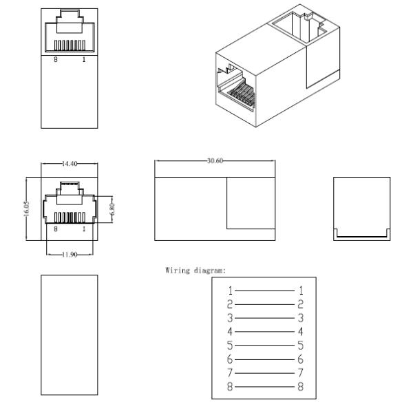 90 Degree RJ45 Cable Coupler Female To Female Straight Extension