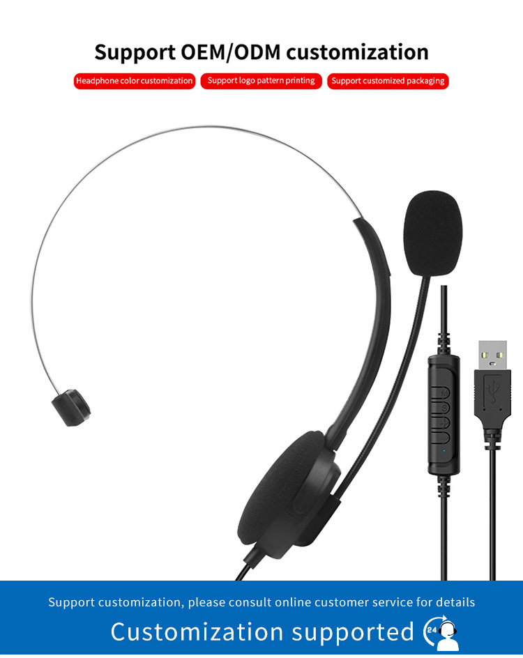 USB head mounted wired single ear headphones with high-definition call microphone, online control of mute volume, used for PC laptops, office customer service in the call center, supporting OEM/ODM