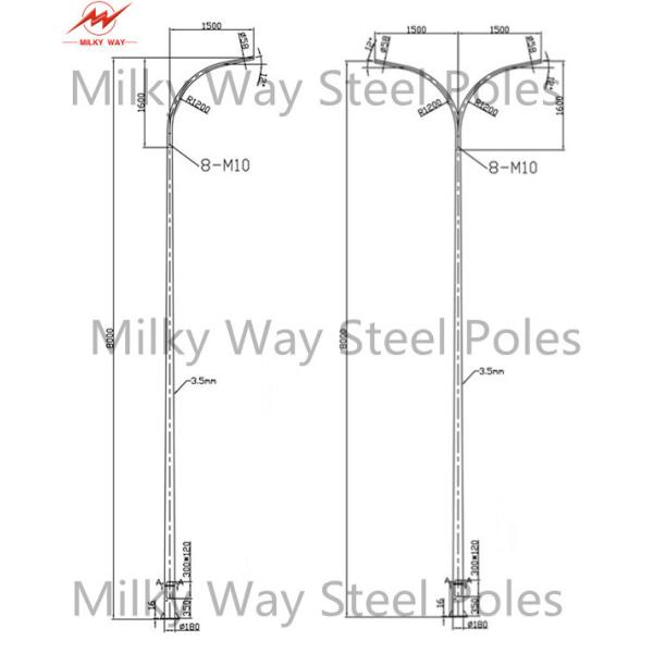 12 M 3.5mm Double Arm Street Light Poles , Steel Tubular Pole 15 Years Warrenty