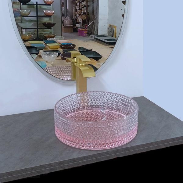 Pink Bottom Round Glass Sink Bowl Bathroom 15 Inch Height 15.8 Inch