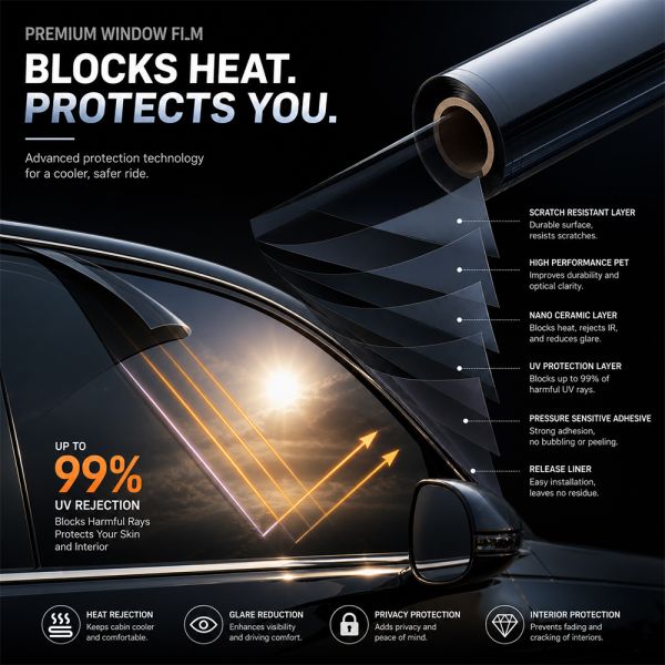 1mil Dyed Film 99%UV Solar Window Film Car Tint Dark Charcoal 5%/15%/35%/50%VLT Self-Adhesive Window Tint