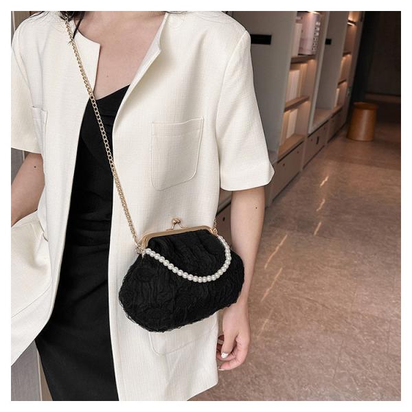 2024 NEW RETRO FAIRY SOLID COLOR SMALL BAG WHITE HAND PEARL BAG WOMEN'S NET YARN INS SIMPLE CROSSBODY BAG