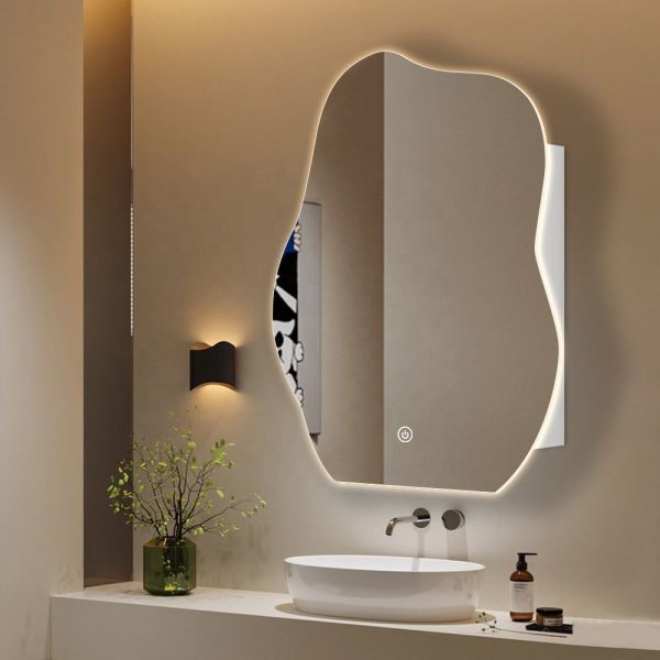 Irregular LED Light Mirror Cabinet Wall Mounted Side Lighted with Storage Compartment White Cabinet 4mm Silver Mirror