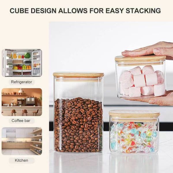IKOO Rectangular High Borosilicate Glass Canister with Bamboo Lid for Modern Multifunction Kitchen Storage