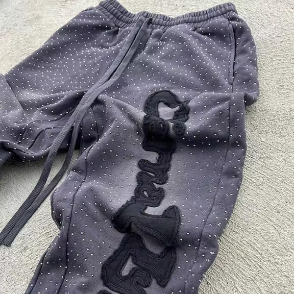 Custom Sweat Pant Rhinestone Flare Baggy Joggers Embroidery logo Distressed Sun Faded Acid Wash Track Pants Sweatpants for Men