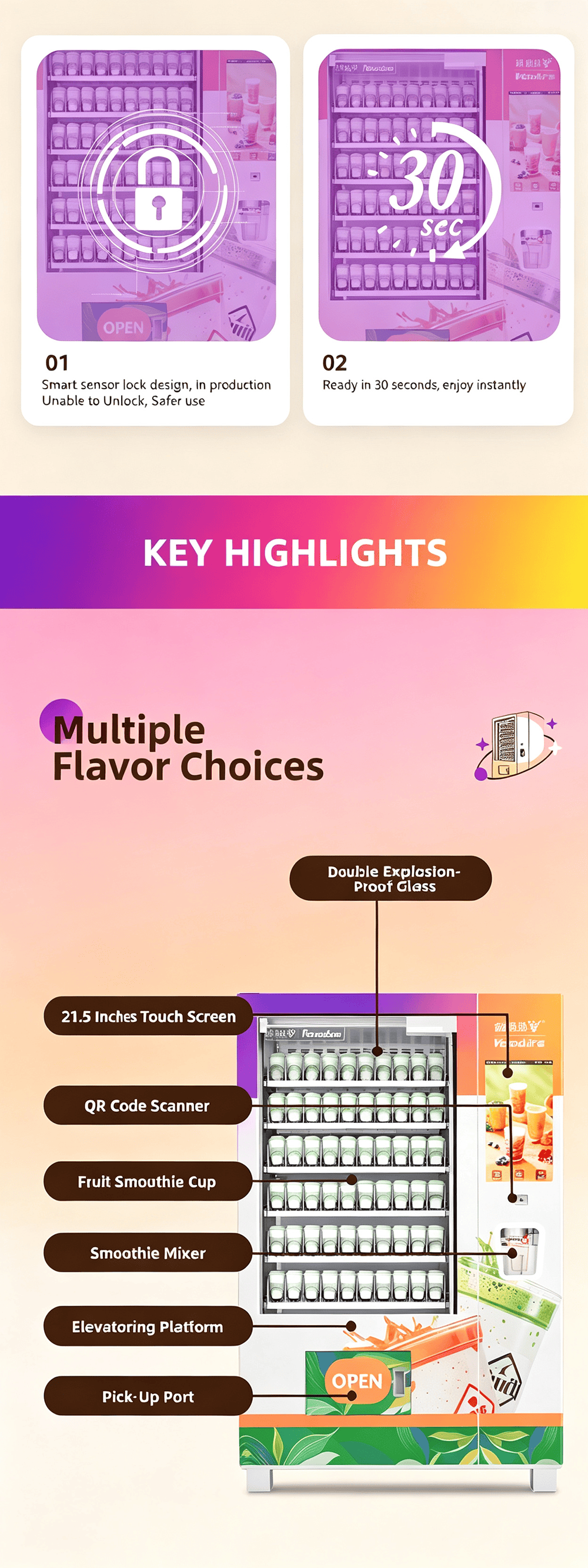Commercial Fresh Smoothie Vending Machine with Refrigerated Storage, Automatic Cup Mixing System, Intelligent Elevator Pickup Platform, Remote Management for Operators and Distributors